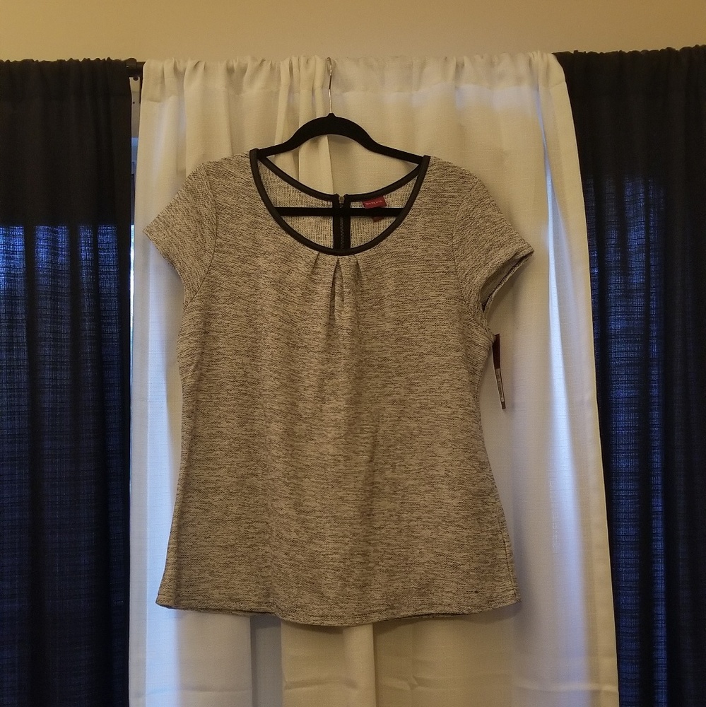 Ponte knit top with faux leather trim